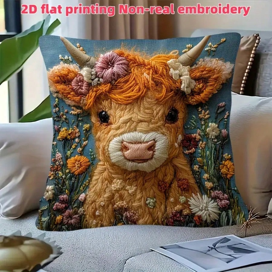 Pillow Insert 18X18 - 1 Stück Vintage Highland-Kuh Dekokissenbezug, 2D-Stickerei-ähnlicher
