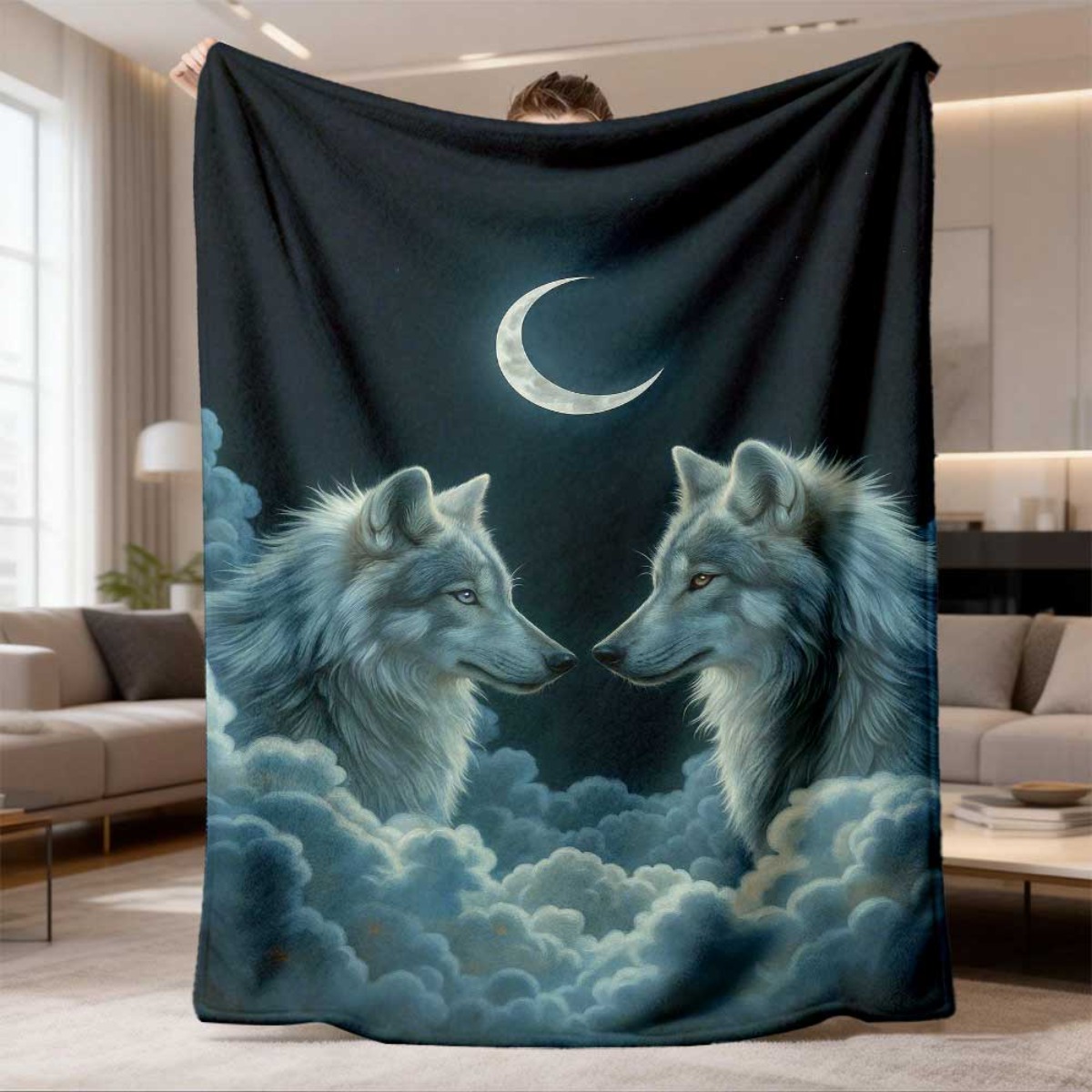 Home Textiles Face Towel - Halbmond Doppelwölfe Flanelldecke Zwei graue Wölfe